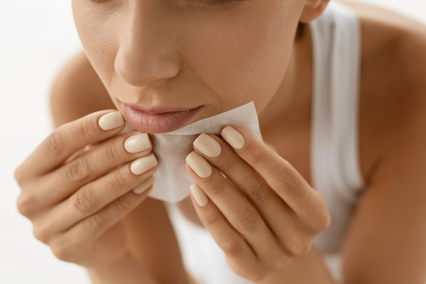 Woman using face tissue to remove excess oil from skin