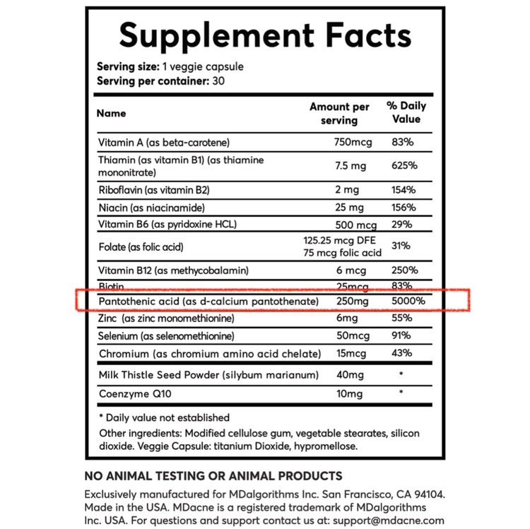 Pantothenic acid B5 acne supplements MDacne
